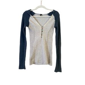 Free People half button up Hooded Pullover Sweater Blue & Grey Size Small